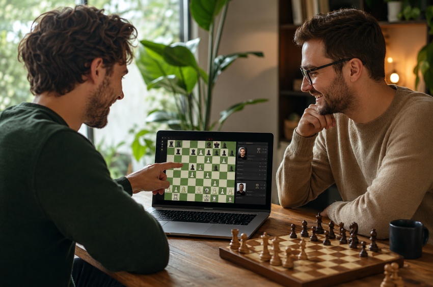 Deux amis jouant une partie d’échecs en ligne depuis un ordinateur portable