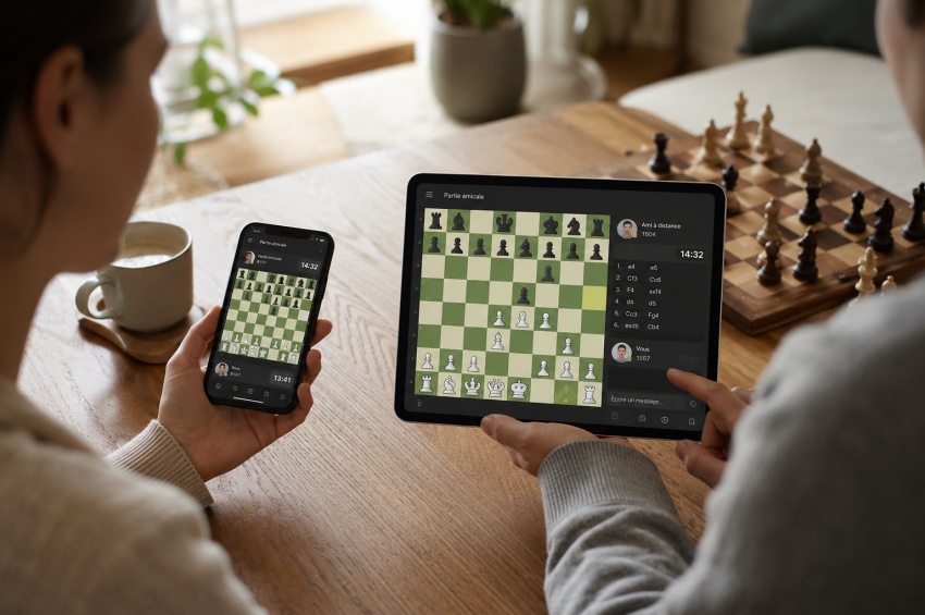 Partie d’échecs en ligne entre amis affichée sur smartphone et tablette