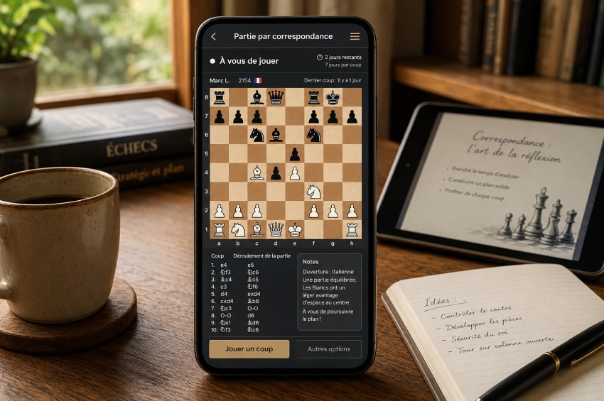 Partie d’échecs par correspondance suivie sur smartphone avec notification de coup à jouer