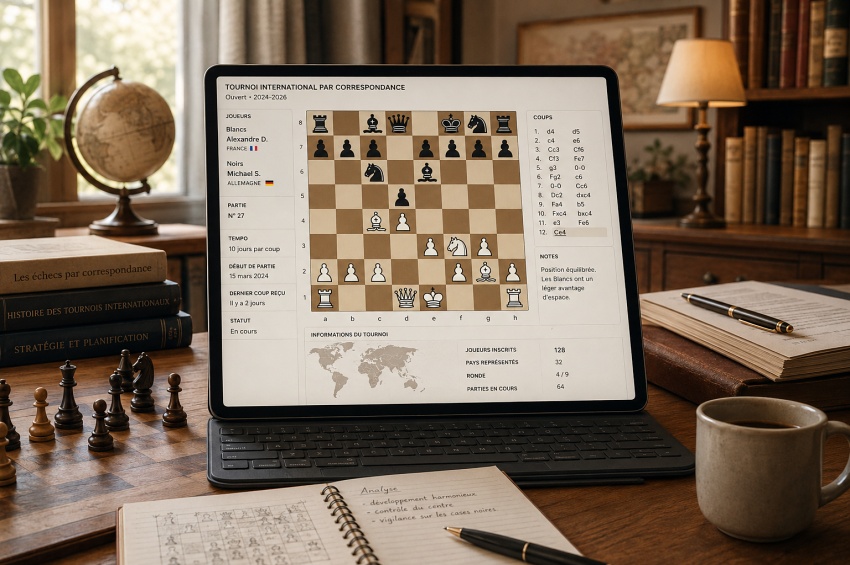 Joueur consultant une partie d’échecs par correspondance officielle sur un serveur en ligne