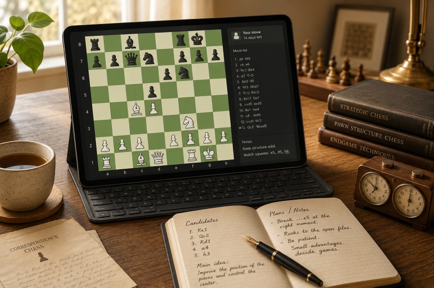 Joueur réfléchissant à un coup dans une partie d’échecs par correspondance