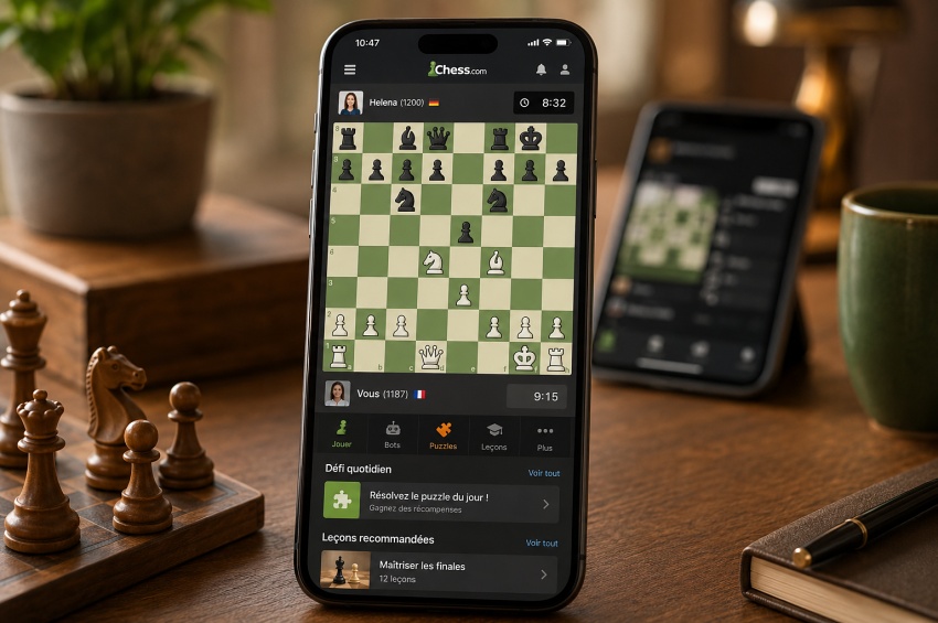 Application mobile d’échecs avec parties en ligne, puzzles et leçons sur smartphone