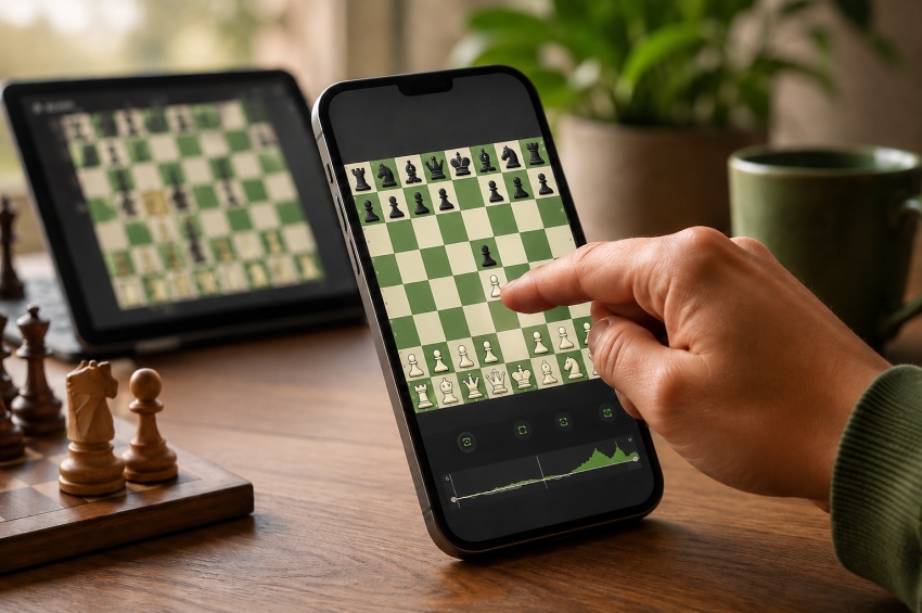 Joueur lançant une partie d’échecs sur smartphone avec une application mobile