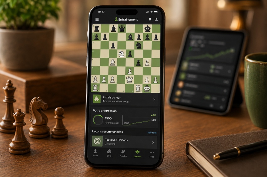 Joueur résolvant des puzzles d’échecs sur une application mobile