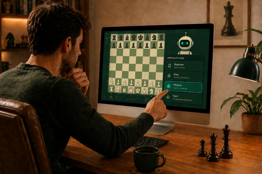 Joueur choisissant un niveau de difficulté avant une partie d’échecs contre l’ordinateur
