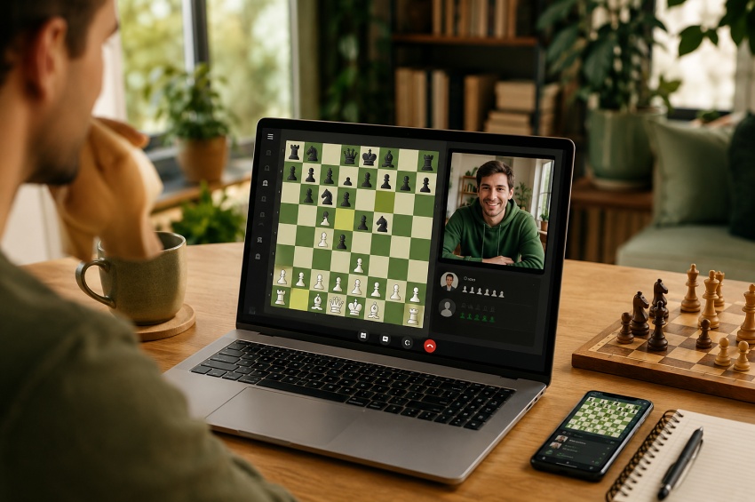 Deux amis jouant aux échecs en ligne grâce à un lien de partie privée