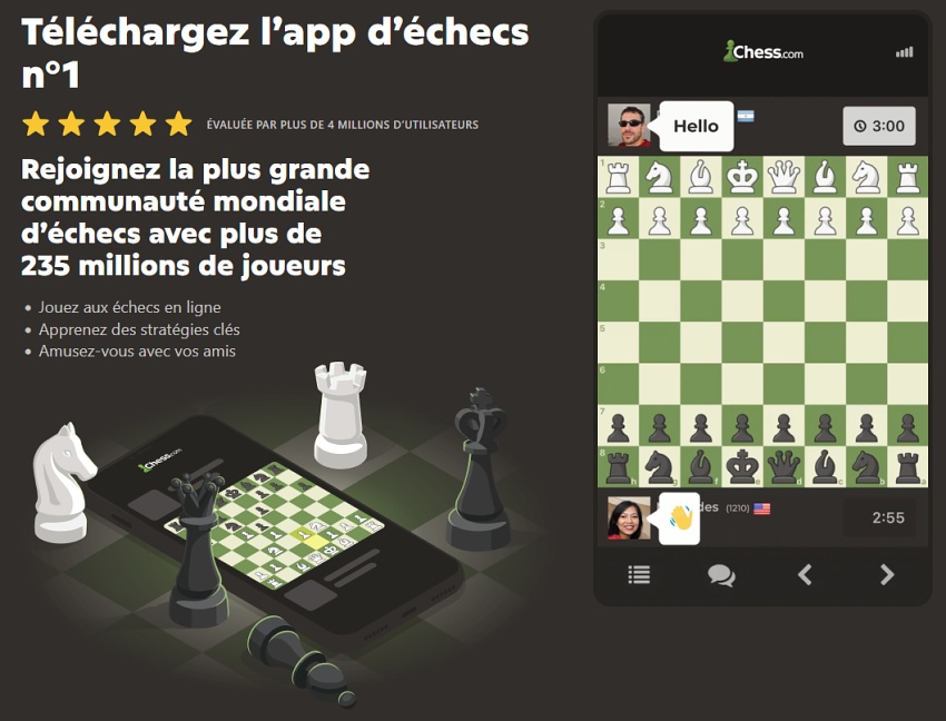 Application mobile Chess.com sur smartphone pour jouer aux échecs en ligne