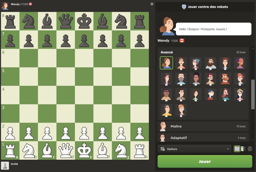 Interface Chess.com pour jouer contre des bots avec différents niveaux et personnages