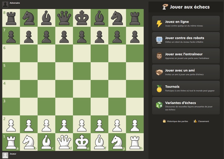 Interface de jeu Chess.com avec un échiquier en ligne et plusieurs cadences de parties