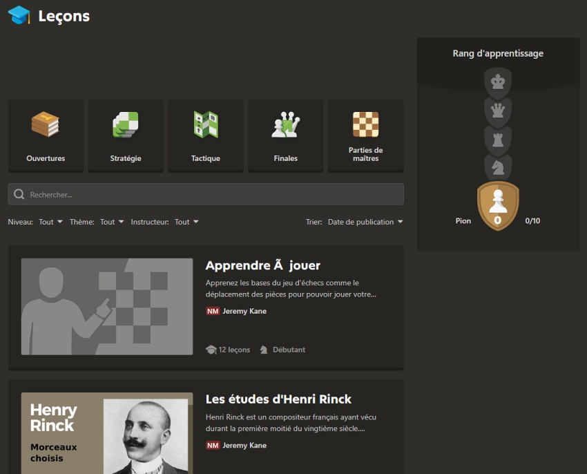 Leçons Chess.com pour apprendre les échecs avec des exercices guidés
